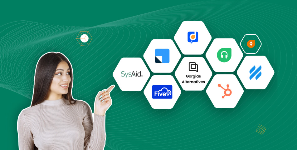 A woman is pointing to a green background showcasing various apps, including the best Zendesk alternatives.