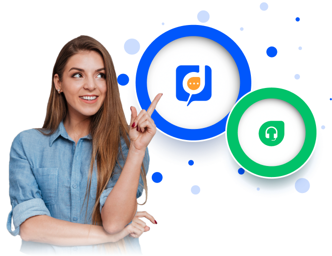 A woman is pointing to a circle with a bitcoin symbol on it, showcasing the innovative integration of desku for enhancing customer support.